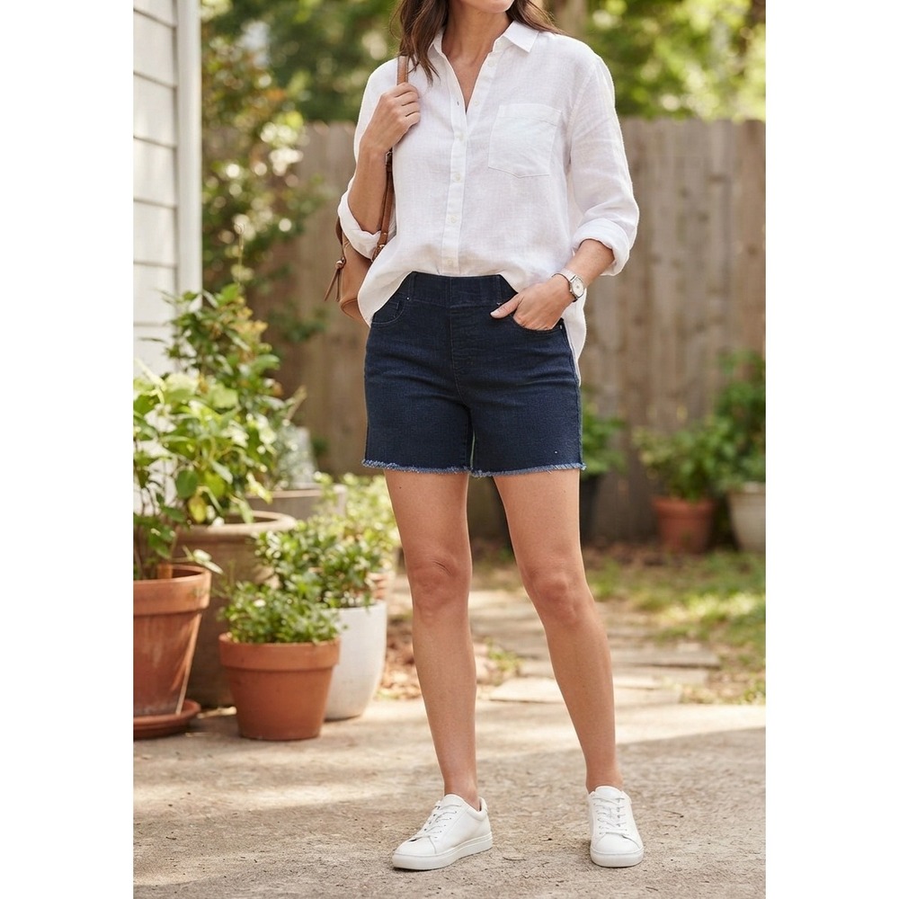Sound Style Amazing Donna Pull On Denim Shorts Dark Wash Raw Hem Large NWT